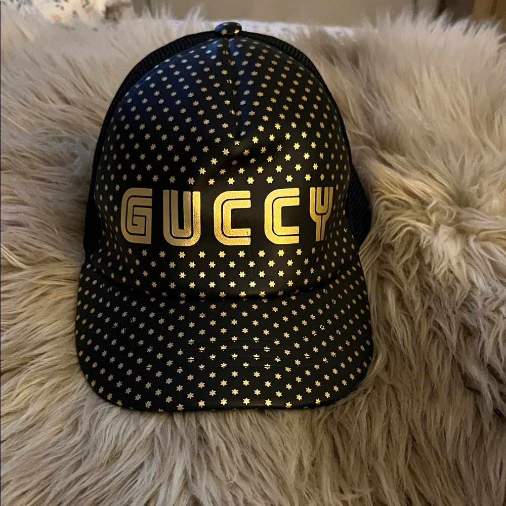 Authentic Gucci Black and Gold Star-Studded Hat Like New